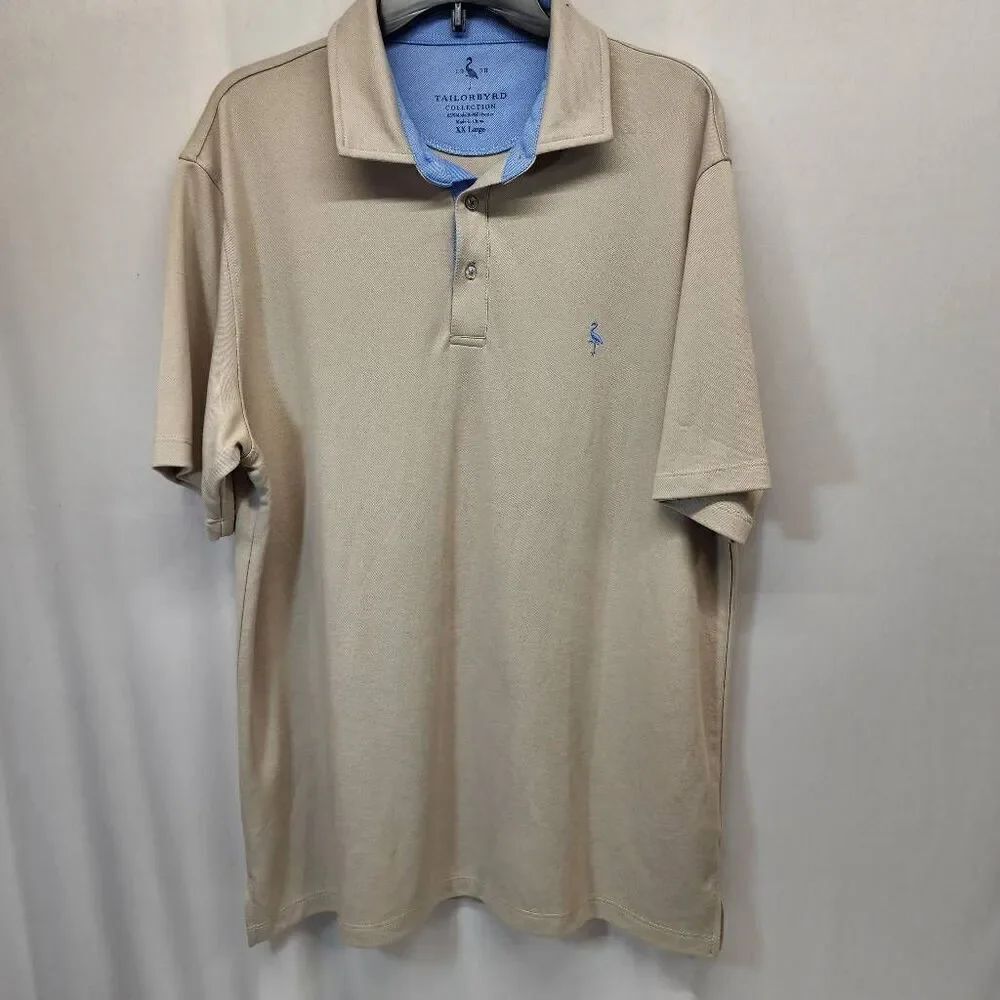 TailorByrd Collection Beige Polo Shirt XX Large Tan Blue Trim Flamingo Logo
